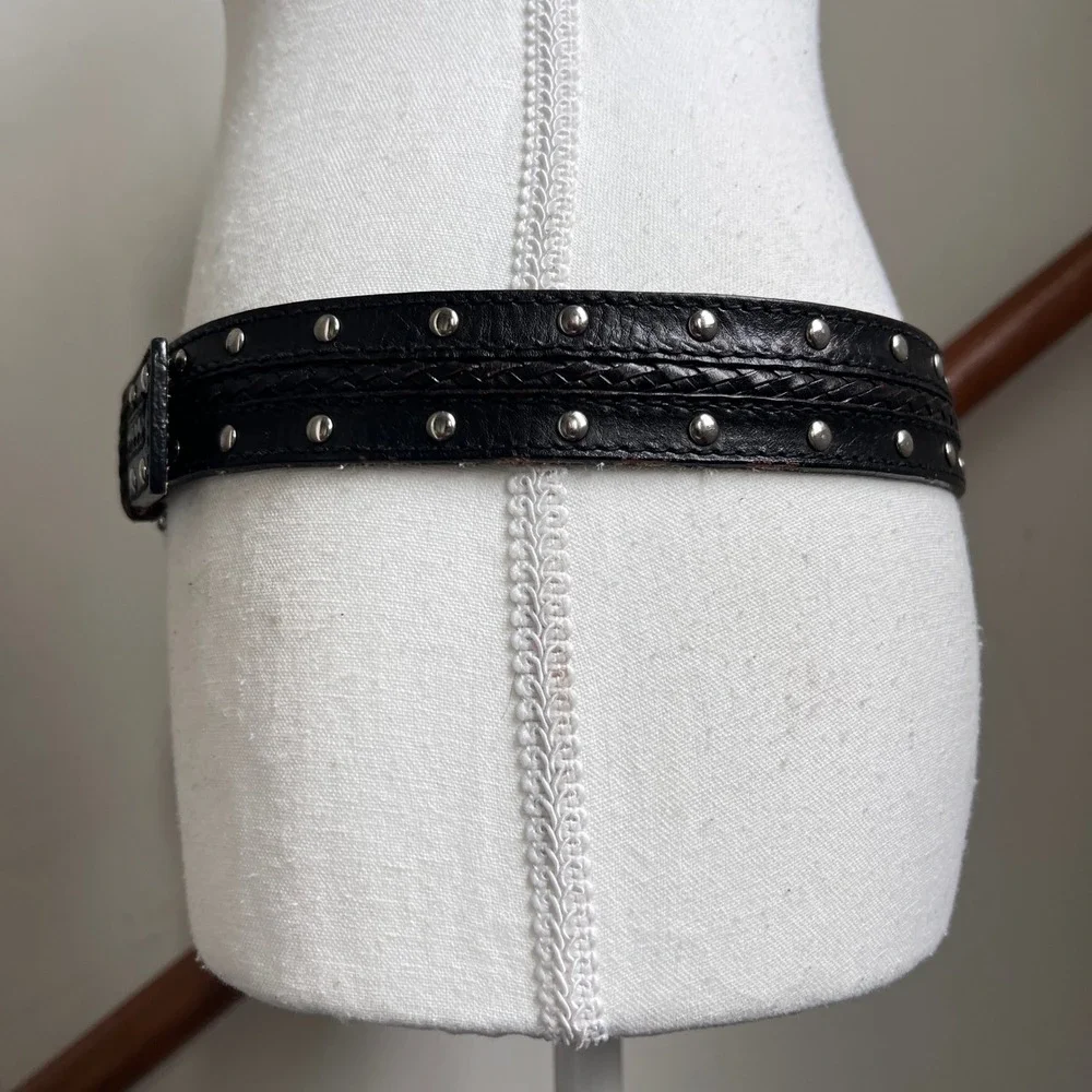 Vintage Black Leather Studded Distressed Boho Biker Belt Braided Michael Kors - Picture 11 of 12